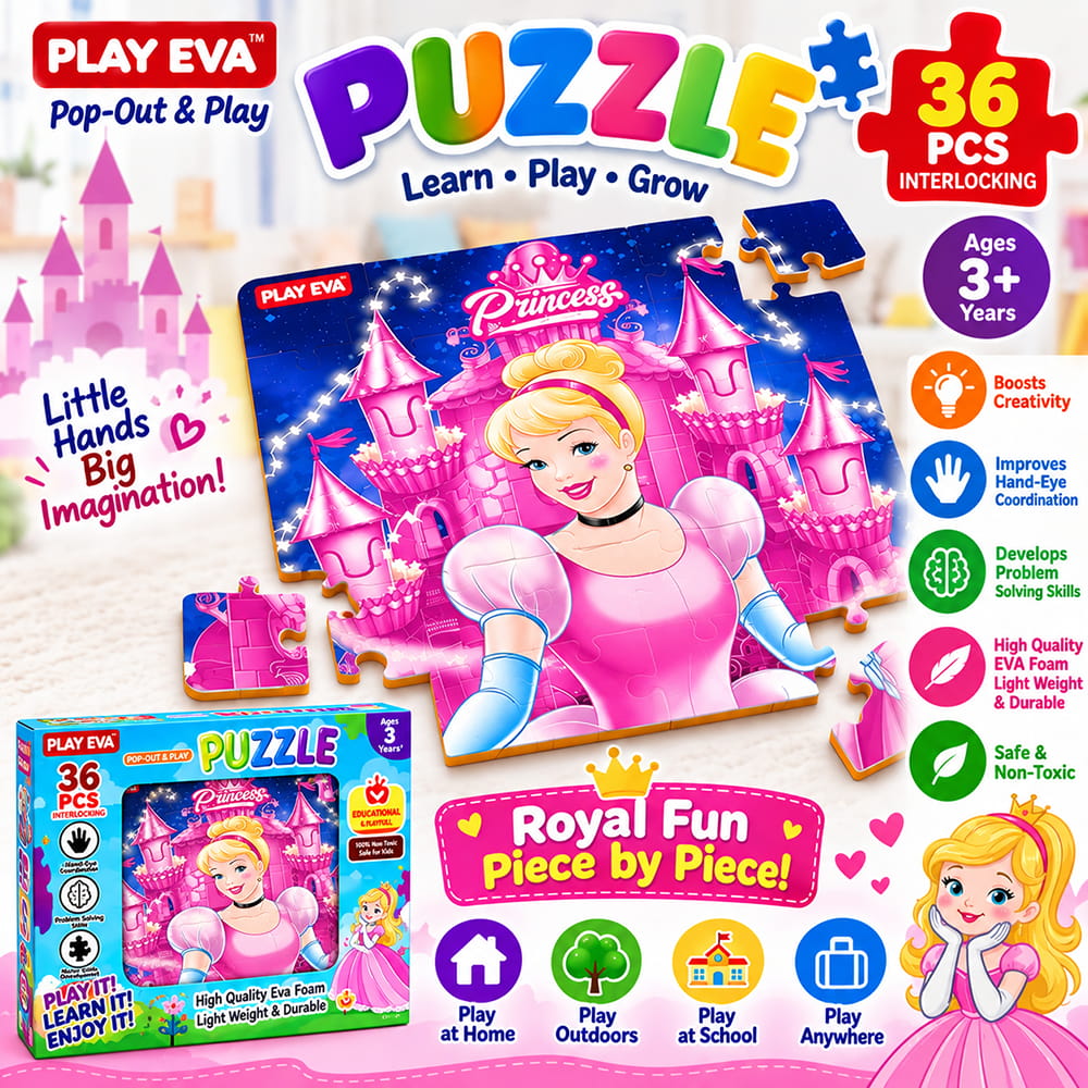 Educational and fun UV Printed Interlocking Puzzle designed for screen-free play. Made with non-toxic and child-safe materials, it includes 36 pieces and measures 12 x 12 inches. A fun activity for children to enjoy while developing concentration and problem-solving skills.