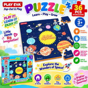 Educational and fun UV Printed Interlocking Puzzle designed for screen-free play. Made with non-toxic and child-safe materials, it includes 36 pieces and measures 12 x 12 inches. A fun activity for children to enjoy while developing concentration and problem-solving skills.