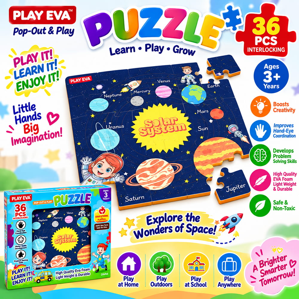 Educational and fun UV Printed Interlocking Puzzle designed for screen-free play. Made with non-toxic and child-safe materials, it includes 36 pieces and measures 12 x 12 inches. A fun activity for children to enjoy while developing concentration and problem-solving skills.