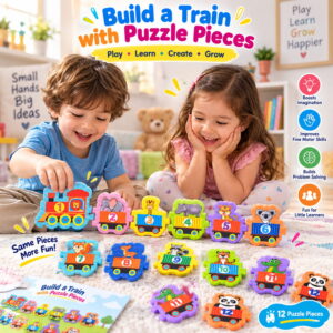 Play Eva Train Puzzle is a fun and educational interlocking puzzle featuring train-themed tiles with counting numbers from 1 to 2. Each tile measures 4 x 4 inches and has an 8 mm thickness, making it easy for children to handle and assemble.