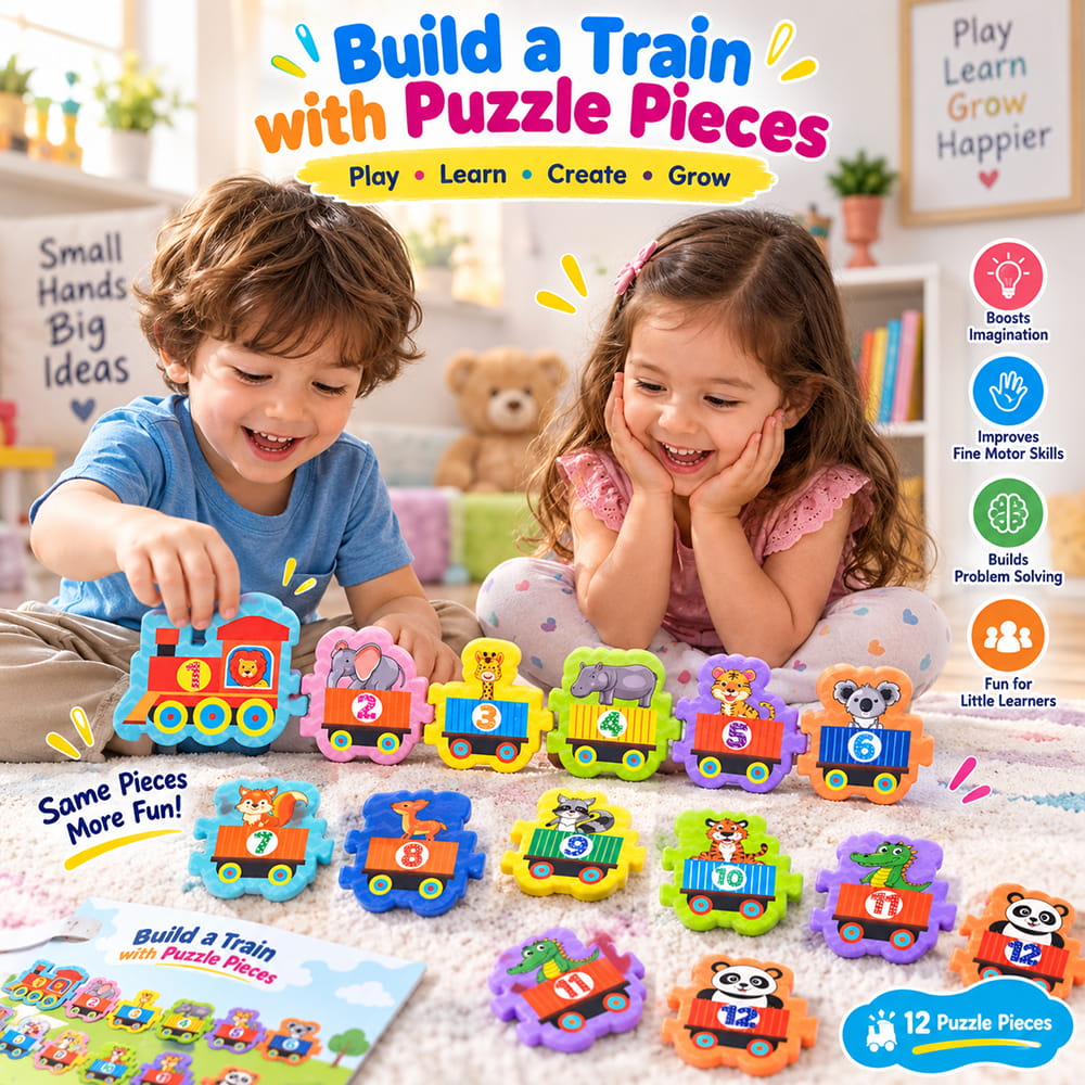 Play Eva Train Puzzle is a fun and educational interlocking puzzle featuring train-themed tiles with counting numbers from 1 to 2. Each tile measures 4 x 4 inches and has an 8 mm thickness, making it easy for children to handle and assemble.