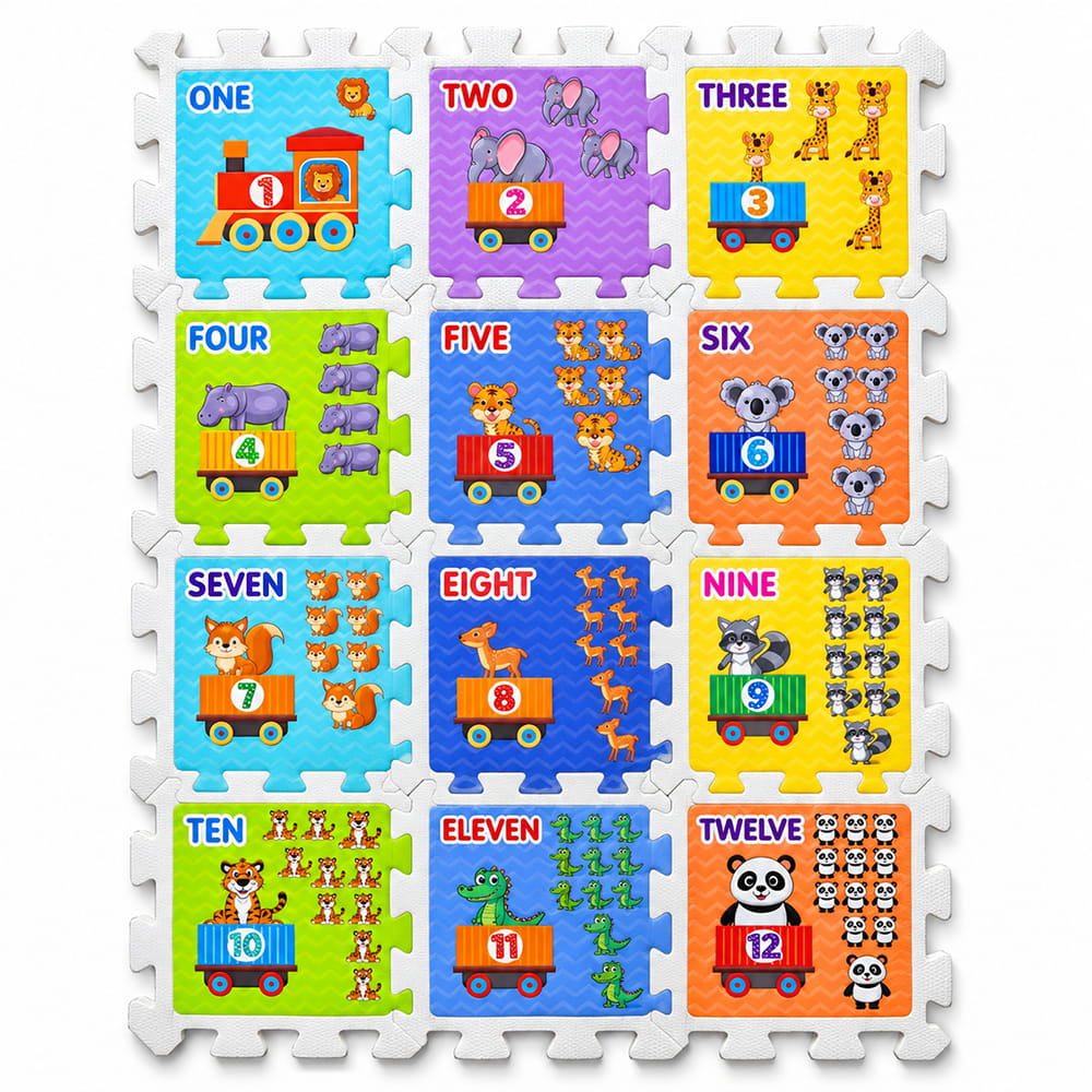 Play Eva Train Puzzle is a fun and educational interlocking puzzle featuring train-themed tiles with counting numbers from 1 to 2. Each tile measures 4 x 4 inches and has an 8 mm thickness, making it easy for children to handle and assemble.