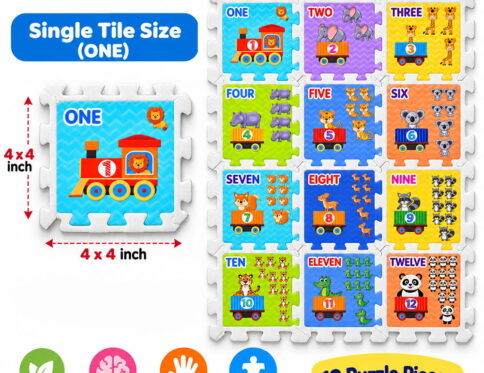 Play Eva Train Puzzle is a fun and educational interlocking puzzle featuring train-themed tiles with counting numbers from 1 to 2. Each tile measures 4 x 4 inches and has an 8 mm thickness, making it easy for children to handle and assemble.