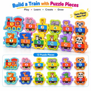Play Eva Train Puzzle is a fun and educational interlocking puzzle featuring train-themed tiles with counting numbers from 1 to 2. Each tile measures 4 x 4 inches and has an 8 mm thickness, making it easy for children to handle and assemble.