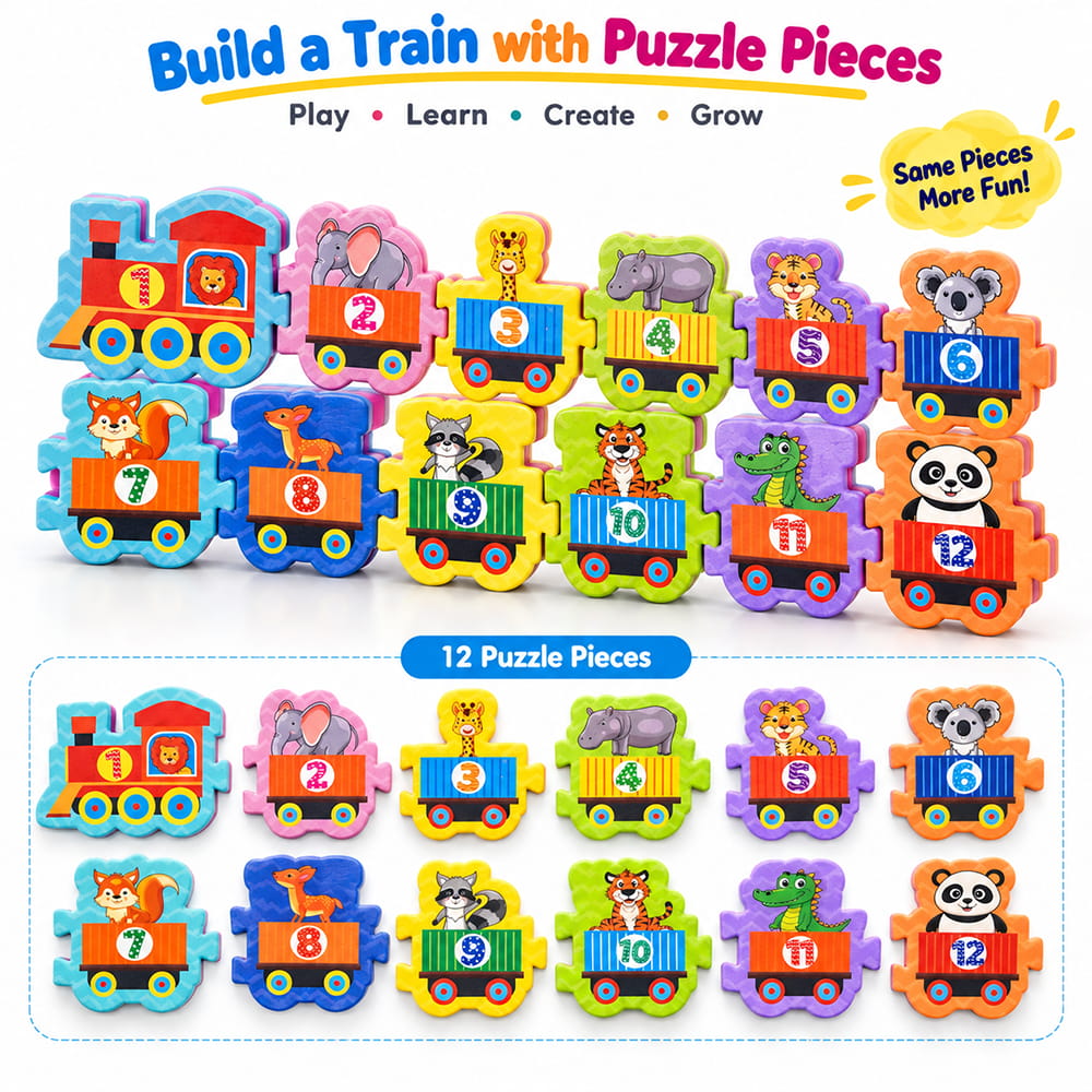 Play Eva Train Puzzle is a fun and educational interlocking puzzle featuring train-themed tiles with counting numbers from 1 to 2. Each tile measures 4 x 4 inches and has an 8 mm thickness, making it easy for children to handle and assemble.