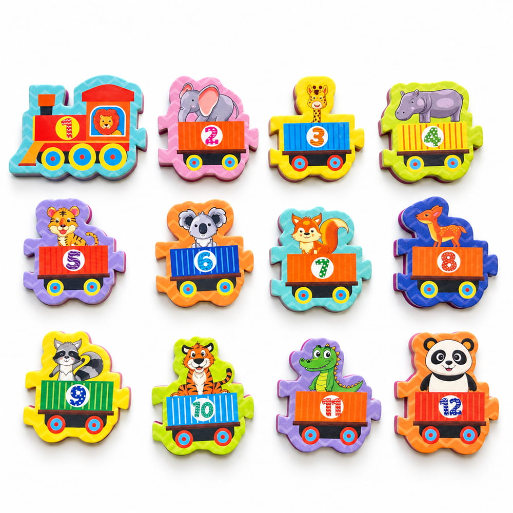 Play Eva Train Puzzle is a fun and educational interlocking puzzle featuring train-themed tiles with counting numbers from 1 to 2. Each tile measures 4 x 4 inches and has an 8 mm thickness, making it easy for children to handle and assemble.