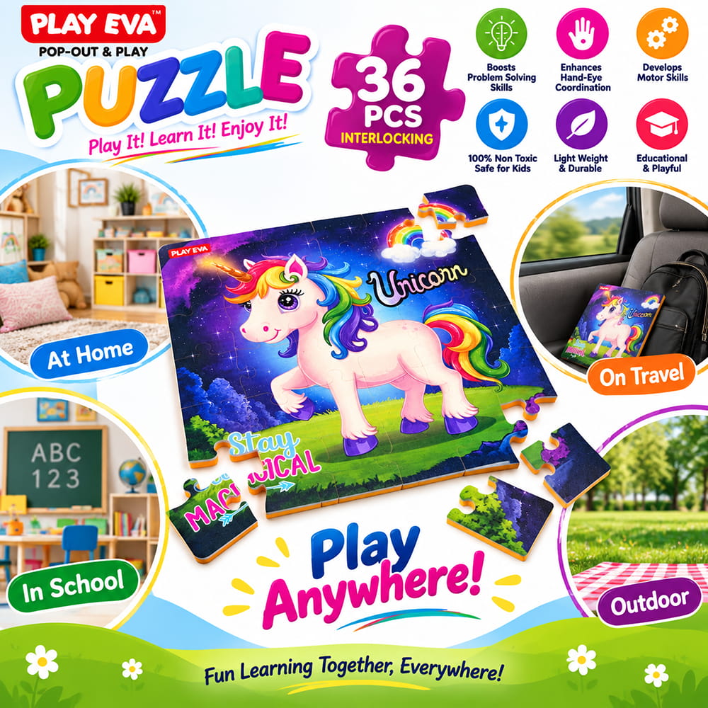 Educational and fun UV Printed Interlocking Puzzle designed for screen-free play. Made with non-toxic and child-safe materials, it includes 36 pieces and measures 12 x 12 inches. A fun activity for children to enjoy while developing concentration and problem-solving skills.