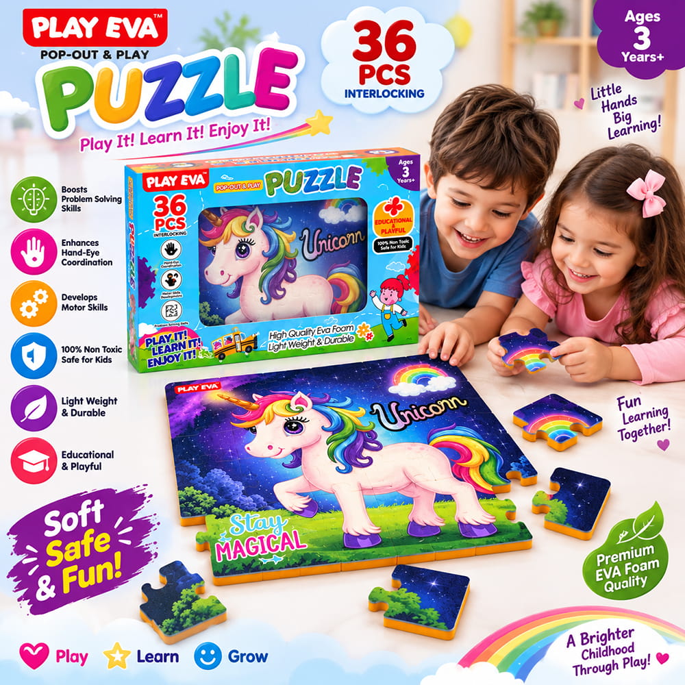 Educational and fun UV Printed Interlocking Puzzle designed for screen-free play. Made with non-toxic and child-safe materials, it includes 36 pieces and measures 12 x 12 inches. A fun activity for children to enjoy while developing concentration and problem-solving skills.