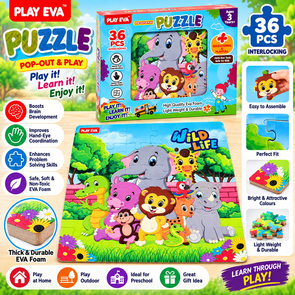 Educational and fun UV Printed Interlocking Puzzle designed for screen-free play. Made with non-toxic and child-safe materials, it includes 36 pieces and measures 12 x 12 inches. A fun activity for children to enjoy while developing concentration and problem-solving skills.