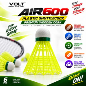 " Volt Pro Air 600 Wooden Cork Shuttlecock is designed with a wooden cork base and durable nylon skirt for reliable flight and comfortable play. Suitable for regular badminton practice, recreational games, and all-weather outdoor play. Comes in a pack of 6." " Volt Pro Air 600 Wooden Cork Shuttlecock is designed with a wooden cork base and durable nylon skirt for reliable flight and comfortable play. Suitable for regular badminton practice, recreational games, and all-weather outdoor play. Comes in a pack of 6."