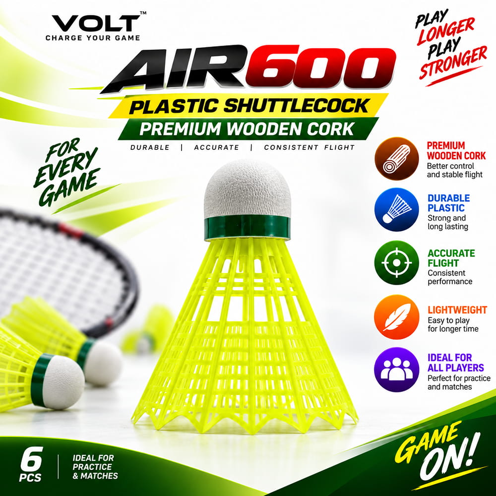 " Volt Pro Air 600 Wooden Cork Shuttlecock is designed with a wooden cork base and durable nylon skirt for reliable flight and comfortable play. Suitable for regular badminton practice, recreational games, and all-weather outdoor play. Comes in a pack of 6." " Volt Pro Air 600 Wooden Cork Shuttlecock is designed with a wooden cork base and durable nylon skirt for reliable flight and comfortable play. Suitable for regular badminton practice, recreational games, and all-weather outdoor play. Comes in a pack of 6."
