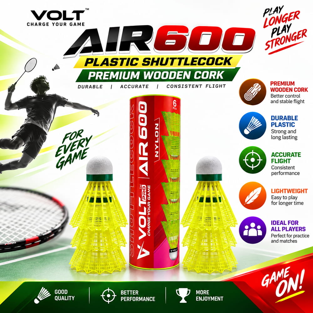 " Volt Pro Air 600 Wooden Cork Shuttlecock is designed with a wooden cork base and durable nylon skirt for reliable flight and comfortable play. Suitable for regular badminton practice, recreational games, and all-weather outdoor play. Comes in a pack of 6." " Volt Pro Air 600 Wooden Cork Shuttlecock is designed with a wooden cork base and durable nylon skirt for reliable flight and comfortable play. Suitable for regular badminton practice, recreational games, and all-weather outdoor play. Comes in a pack of 6."