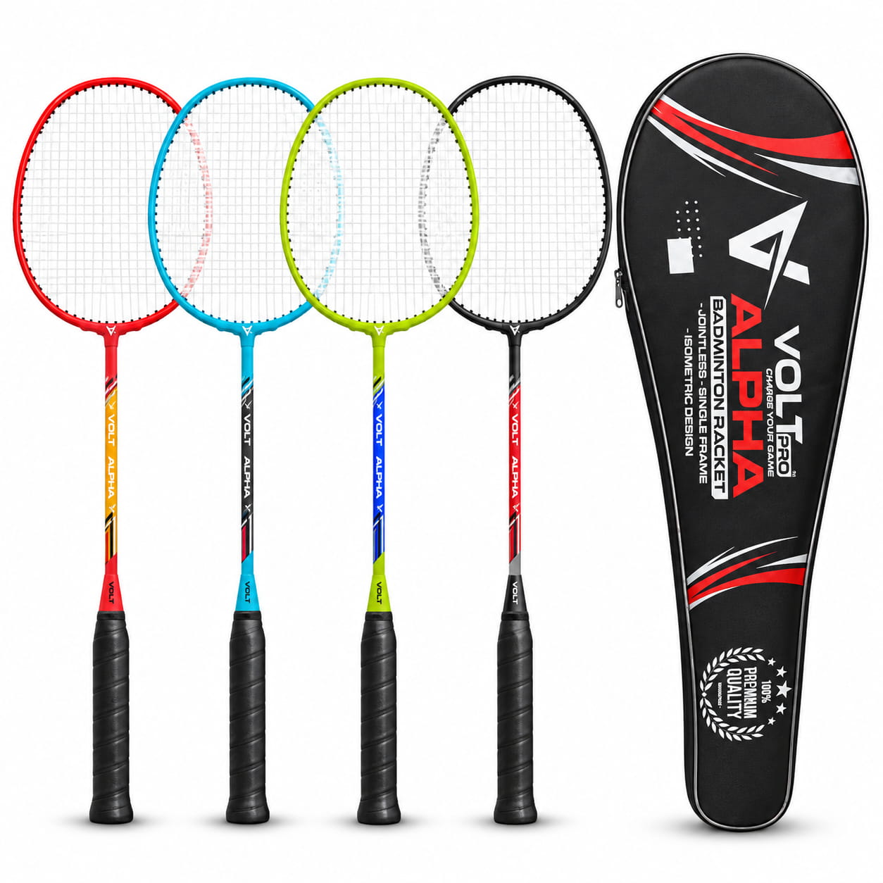 Volt Pro Alpha Jointless Badminton Racket Set includes 2 tournament-grade rackets designed with a jointless frame and isometric head shape. The rackets offer a balanced design for recreational play, practice sessions, and badminton games. Volt Pro Alpha Jointless Badminton Racket Set includes 2 tournament-grade rackets designed with a jointless frame and isometric head shape. The rackets offer a balanced design for recreational play, practice sessions, and badminton games.