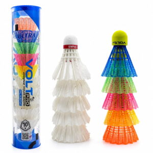 Volt Pro Badminton Shuttlecock Combo includes 5 plastic and 5 feather shuttlecocks, offering a convenient combination for badminton practice, training, recreational games, and everyday play.