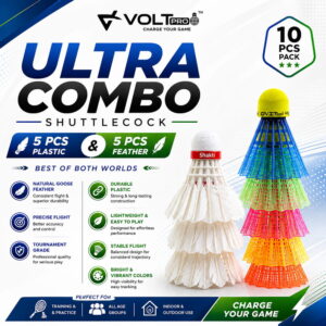 Volt Pro Badminton Shuttlecock Combo includes 5 plastic and 5 feather shuttlecocks, offering a convenient combination for badminton practice, training, recreational games, and everyday play. Volt Pro Badminton Shuttlecock Combo includes 5 plastic and 5 feather shuttlecocks, offering a convenient combination for badminton practice, training, recreational games, and everyday play.