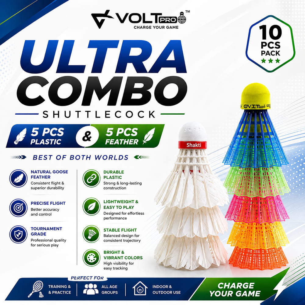 Volt Pro Badminton Shuttlecock Combo includes 5 plastic and 5 feather shuttlecocks, offering a convenient combination for badminton practice, training, recreational games, and everyday play. Volt Pro Badminton Shuttlecock Combo includes 5 plastic and 5 feather shuttlecocks, offering a convenient combination for badminton practice, training, recreational games, and everyday play.