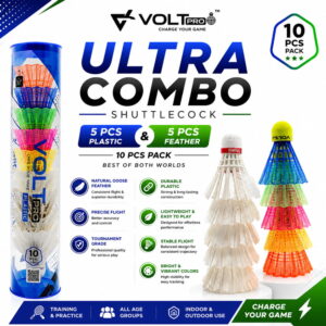 Volt Pro Badminton Shuttlecock Combo includes 5 plastic and 5 feather shuttlecocks, offering a convenient combination for badminton practice, training, recreational games, and everyday play. Volt Pro Badminton Shuttlecock Combo includes 5 plastic and 5 feather shuttlecocks, offering a convenient combination for badminton practice, training, recreational games, and everyday play.