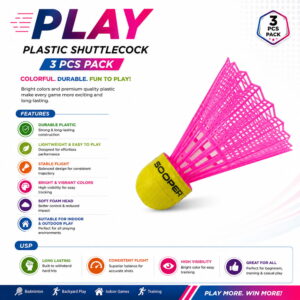 Volt Pro Coloured Plastic Shuttlecocks include 3 differently coloured shuttlecocks designed for easy visibility and regular badminton play. Suitable for beginners, practice sessions, training, and outdoor games. Volt Pro Coloured Plastic Shuttlecocks include 3 differently coloured shuttlecocks designed for easy visibility and regular badminton play. Suitable for beginners, practice sessions, training, and outdoor games.