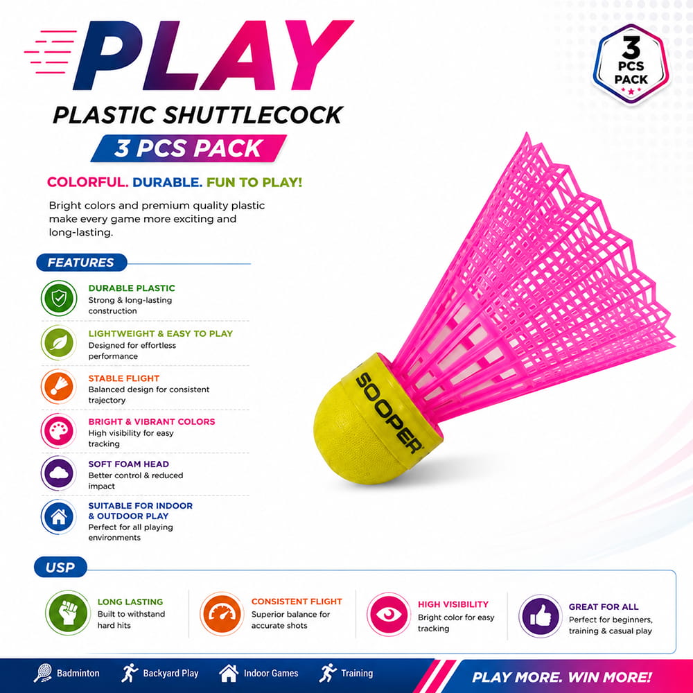 Volt Pro Coloured Plastic Shuttlecocks include 3 differently coloured shuttlecocks designed for easy visibility and regular badminton play. Suitable for beginners, practice sessions, training, and outdoor games. Volt Pro Coloured Plastic Shuttlecocks include 3 differently coloured shuttlecocks designed for easy visibility and regular badminton play. Suitable for beginners, practice sessions, training, and outdoor games.