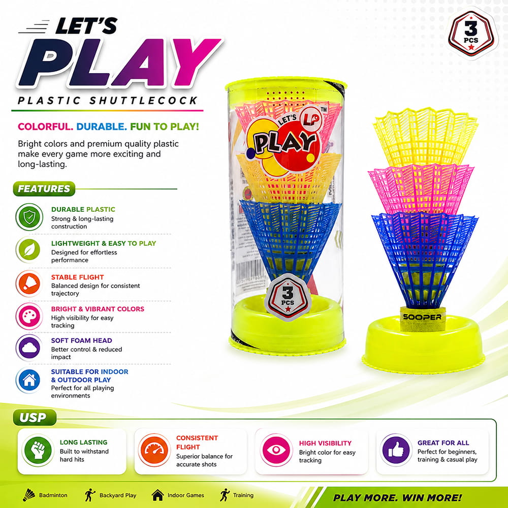 Volt Pro Coloured Plastic Shuttlecocks include 3 differently coloured shuttlecocks designed for easy visibility and regular badminton play. Suitable for beginners, practice sessions, training, and outdoor games. Volt Pro Coloured Plastic Shuttlecocks include 3 differently coloured shuttlecocks designed for easy visibility and regular badminton play. Suitable for beginners, practice sessions, training, and outdoor games.