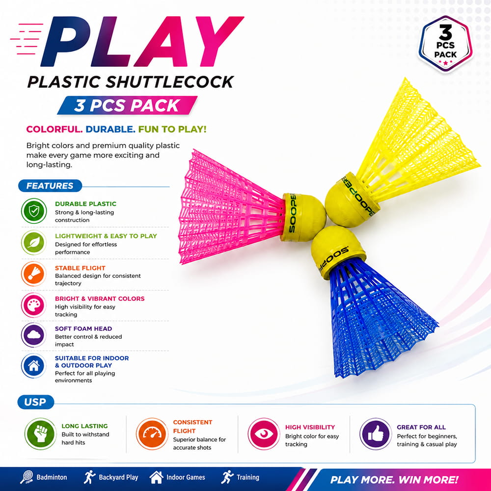 Volt Pro Coloured Plastic Shuttlecocks include 3 differently coloured shuttlecocks designed for easy visibility and regular badminton play. Suitable for beginners, practice sessions, training, and outdoor games. Volt Pro Coloured Plastic Shuttlecocks include 3 differently coloured shuttlecocks designed for easy visibility and regular badminton play. Suitable for beginners, practice sessions, training, and outdoor games.