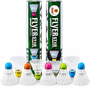 Volt Pro Flyer Star Coloured Shuttlecocks feature a neon cork base and durable plastic skirt. The pack includes 10 coloured shuttlecocks for badminton practice and recreational play.
