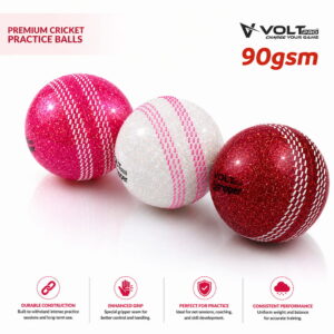 Volt Pro Glitter Wind Balls feature bright neon colours and a coloured seam for better visibility during cricket practice. The 90g lightweight construction makes them suitable for training, swing practice, and recreational play.