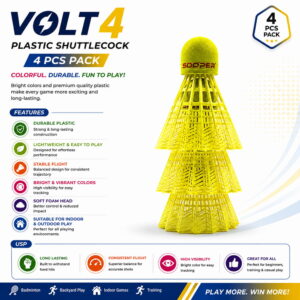 Volt Pro Green Plastic Shuttlecock features a durable nylon skirt and EVA cork base for stable flight and reliable handling. Suitable for badminton practice, training, outdoor games, and regular recreational play.
