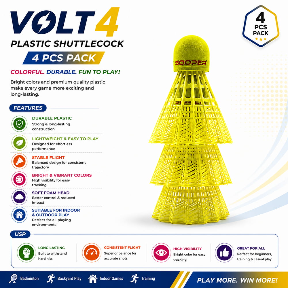Volt Pro Green Plastic Shuttlecock features a durable nylon skirt and EVA cork base for stable flight and reliable handling. Suitable for badminton practice, training, outdoor games, and regular recreational play.