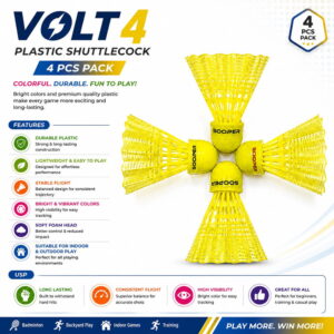 Volt Pro Green Plastic Shuttlecock features a durable nylon skirt and EVA cork base for stable flight and reliable handling. Suitable for badminton practice, training, outdoor games, and regular recreational play.