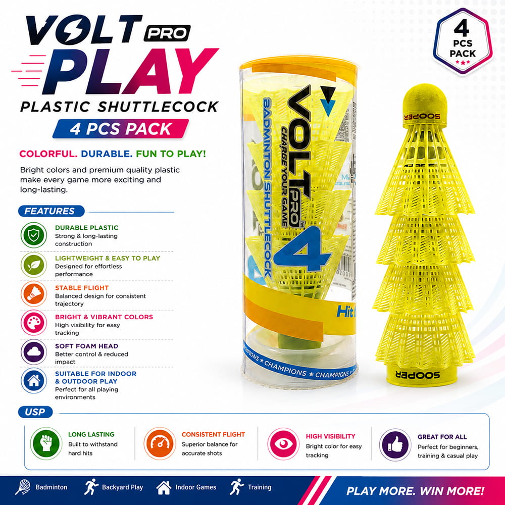 Volt Pro Green Plastic Shuttlecock features a durable nylon skirt and EVA cork base for stable flight and reliable handling. Suitable for badminton practice, training, outdoor games, and regular recreational play.