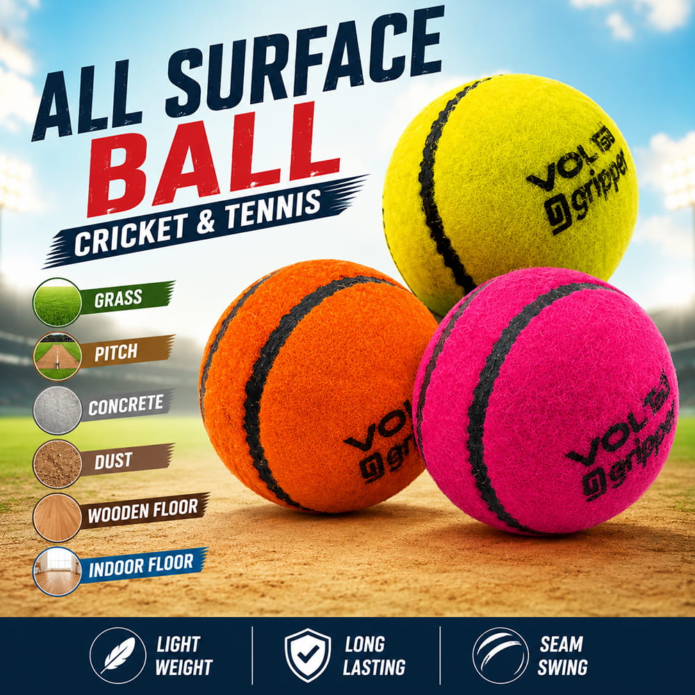 Volt Pro Gripper Seam Cricket Tennis Ball Set includes 3 colourful cricket tennis balls designed for practice and recreational play. Lightweight construction and seam design help players enjoy swing-focused cricket sessions. Volt Pro Gripper Seam Cricket Tennis Ball Set includes 3 colourful cricket tennis balls designed for practice and recreational play. Lightweight construction and seam design help players enjoy swing-focused cricket sessions.