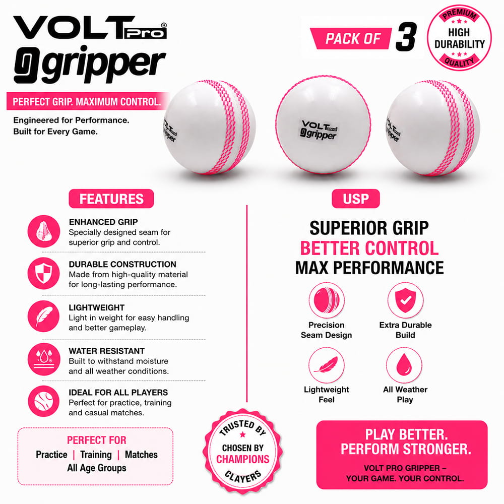 Volt Pro Gripper Seam Wind Ball is designed for swing and seam bowling practice. With a lightweight 90g construction and coloured seam, it is suitable for cricket training, coaching, and recreational play.