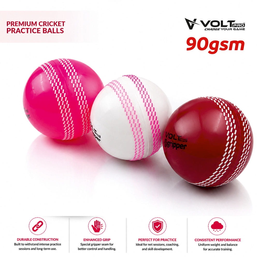 Volt Pro Gripper Seam Wind Ball Set includes 3 lightweight cricket balls designed for swing and seam bowling practice. Suitable for training, coaching, recreational games, and cricket drills.