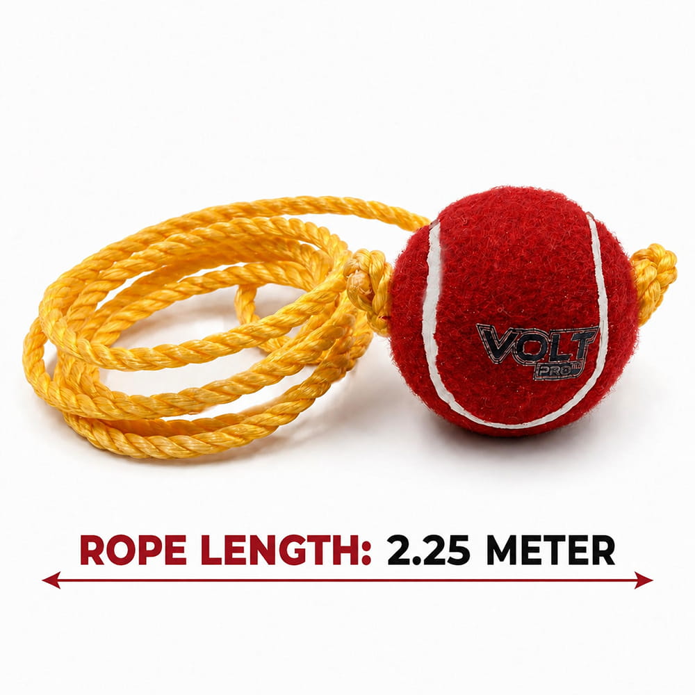 Volt Pro Hanging Cricket Practice Ball is designed for solo batting practice and cricket training. The ball comes attached with a 2.25-meter rope, allowing easy setup for convenient batting practice without needing a bowling partner. Suitable for kids, beginners, and cricket players. Volt Pro Hanging Cricket Practice Ball is designed for solo batting practice and cricket training. The ball comes attached with a 2.25-meter rope, allowing easy setup for convenient batting practice without needing a bowling partner. Suitable for kids, beginners, and cricket players.