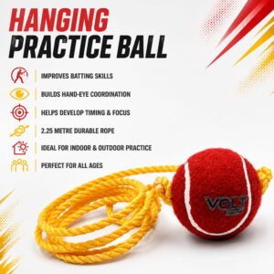 Volt Pro Hanging Cricket Practice Ball is designed for solo batting practice and cricket training. The ball comes attached with a 2.25-meter rope, allowing easy setup for convenient batting practice without needing a bowling partner. Suitable for kids, beginners, and cricket players. vVolt Pro Hanging Cricket Practice Ball is designed for solo batting practice and cricket training. The ball comes attached with a 2.25-meter rope, allowing easy setup for convenient batting practice without needing a bowling partner. Suitable for kids, beginners, and cricket players.