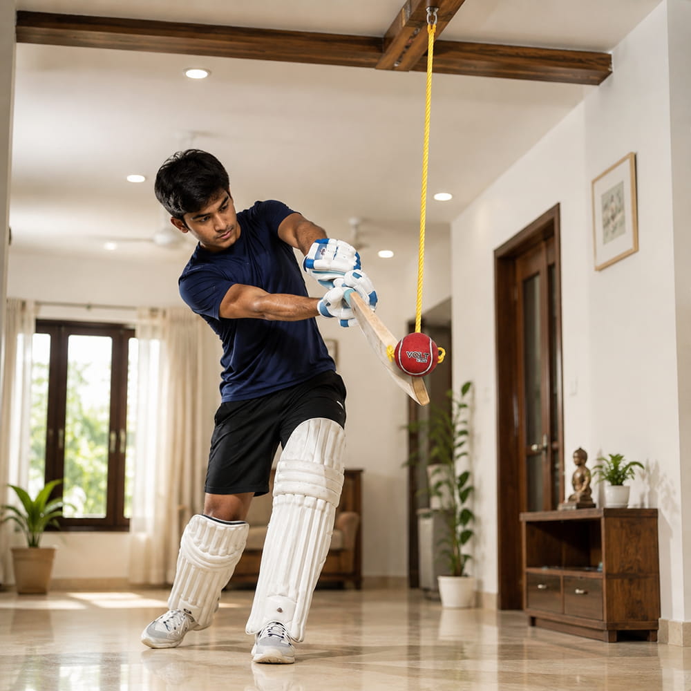 Volt Pro Hanging Cricket Practice Ball is designed for solo batting practice and cricket training. The ball comes attached with a 2.25-meter rope, allowing easy setup for convenient batting practice without needing a bowling partner. Suitable for kids, beginners, and cricket players. Volt Pro Hanging Cricket Practice Ball is designed for solo batting practice and cricket training. The ball comes attached with a 2.25-meter rope, allowing easy setup for convenient batting practice without needing a bowling partner. Suitable for kids, beginners, and cricket players.