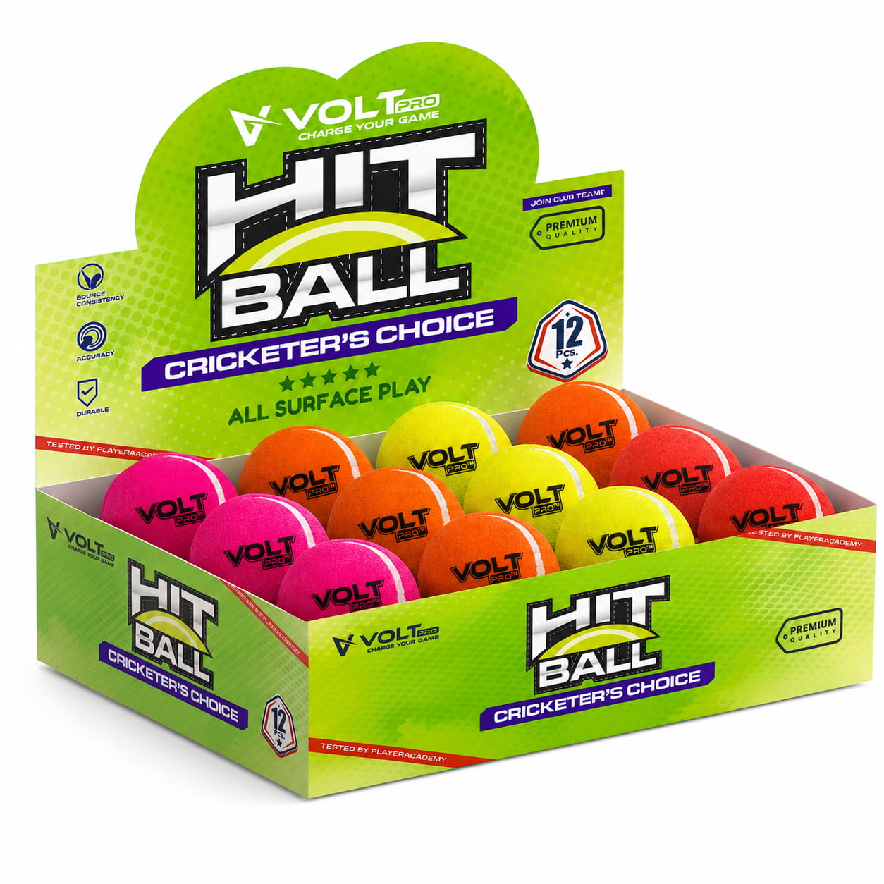 Volt Pro Hit Ball Cricket Tennis Balls are made with a premium woollen felt covering and pure rubber core for reliable performance and durability. The 80g balls are suitable for cricket practice, training, matches, and outdoor play.