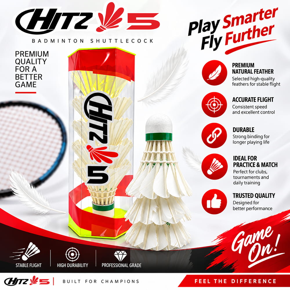 " Volt Pro Hitz White Feather Shuttlecock Pack of 5 is designed for reliable badminton practice and recreational play. With a feather construction and EVA cork base, it offers balanced handling and consistent flight. Suitable for beginners, regular players, training sessions, and outdoor practice." " Volt Pro Hitz White Feather Shuttlecock Pack of 5 is designed for reliable badminton practice and recreational play. With a feather construction and EVA cork base, it offers balanced handling and consistent flight. Suitable for beginners, regular players, training sessions, and outdoor practice."