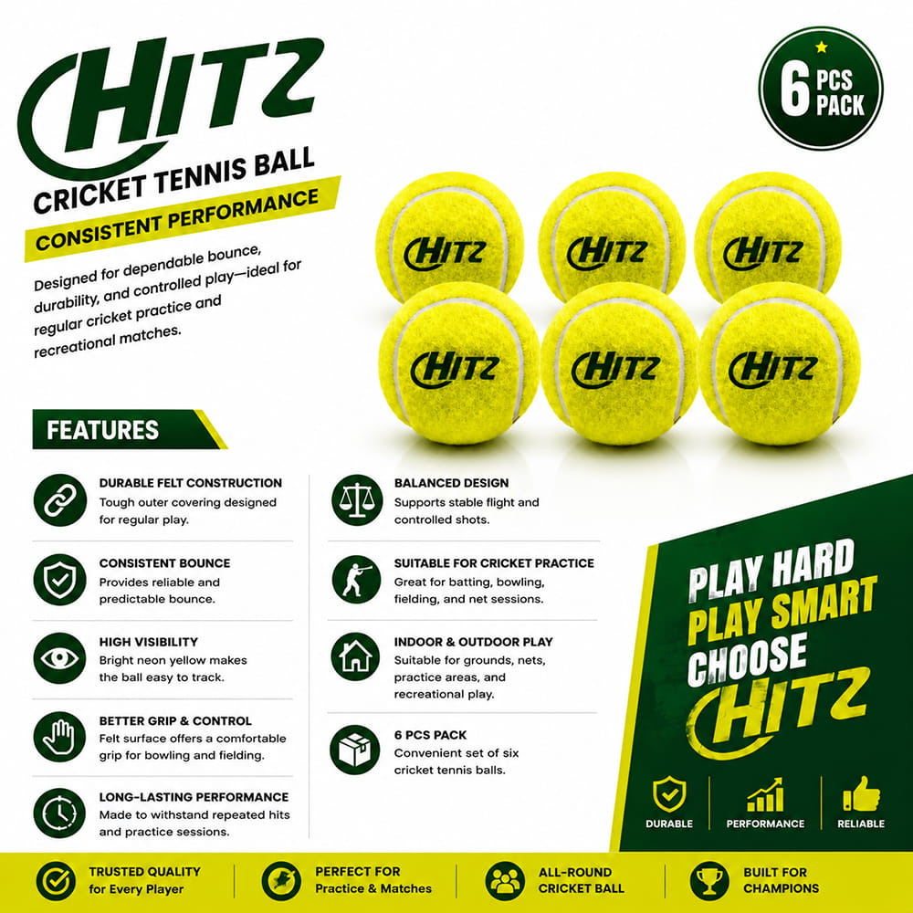 Volt Pro Hitz Yellow Cricket Tennis Ball Pack of 6 is designed for players looking for a heavy-weight practice ball with a durable felt covering and strong rubber core. Suitable for cricket practice, training, batting, bowling, and matches.