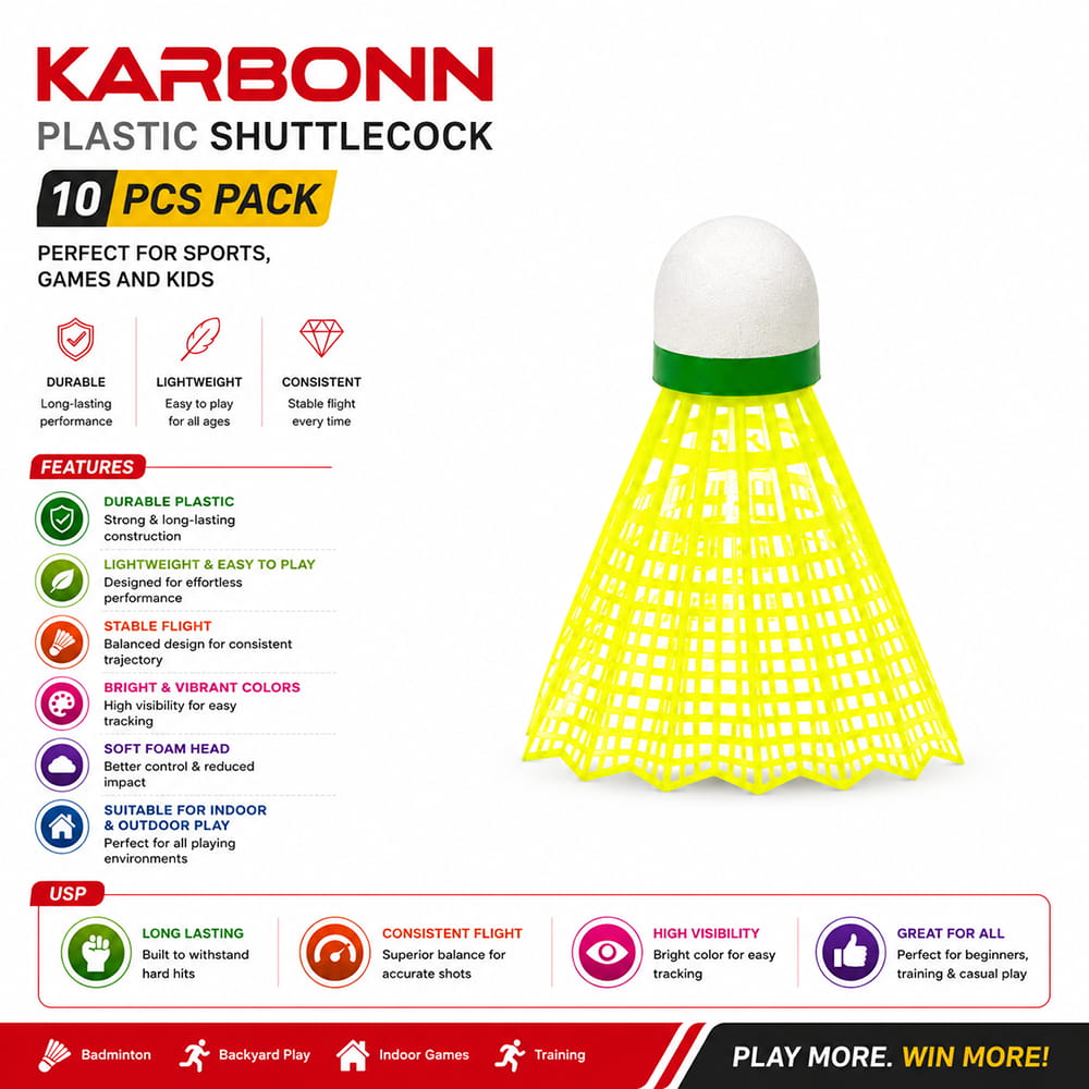 Volt Pro Karbonn Plastic Shuttlecocks are a practical choice for kids, beginners, and casual players. The lightweight construction makes them easy to handle for badminton practice, school activities, outdoor games, and recreational play.