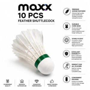 Volt Pro Maxx Feather Shuttlecock is designed for regular badminton training, practice sessions, and recreational play. It offers stable flight and reliable performance, making it suitable for beginners and regular players. Pack of 10 shuttlecocks.