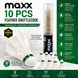 Volt Pro Maxx Feather Shuttlecock is designed for regular badminton training, practice sessions, and recreational play. It offers stable flight and reliable performance, making it suitable for beginners and regular players. Pack of 10 shuttlecocks.