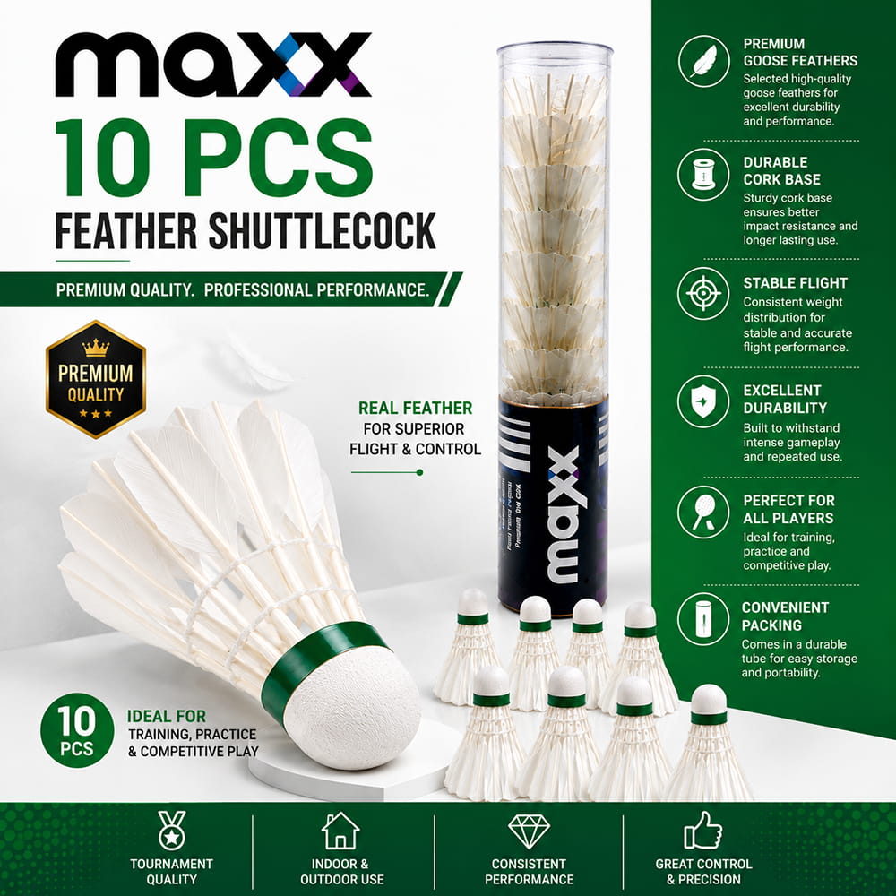 Volt Pro Maxx Feather Shuttlecock is designed for regular badminton training, practice sessions, and recreational play. It offers stable flight and reliable performance, making it suitable for beginners and regular players. Pack of 10 shuttlecocks.