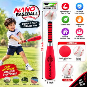Volt Pro Nano Baseball Set includes a 22-inch bat and a 2.5-inch soft ball, designed for fun and active play. The comfortable grip and soft, safe material make it easy to handle for kids. Suitable for indoor and outdoor games, practice, and family fun.