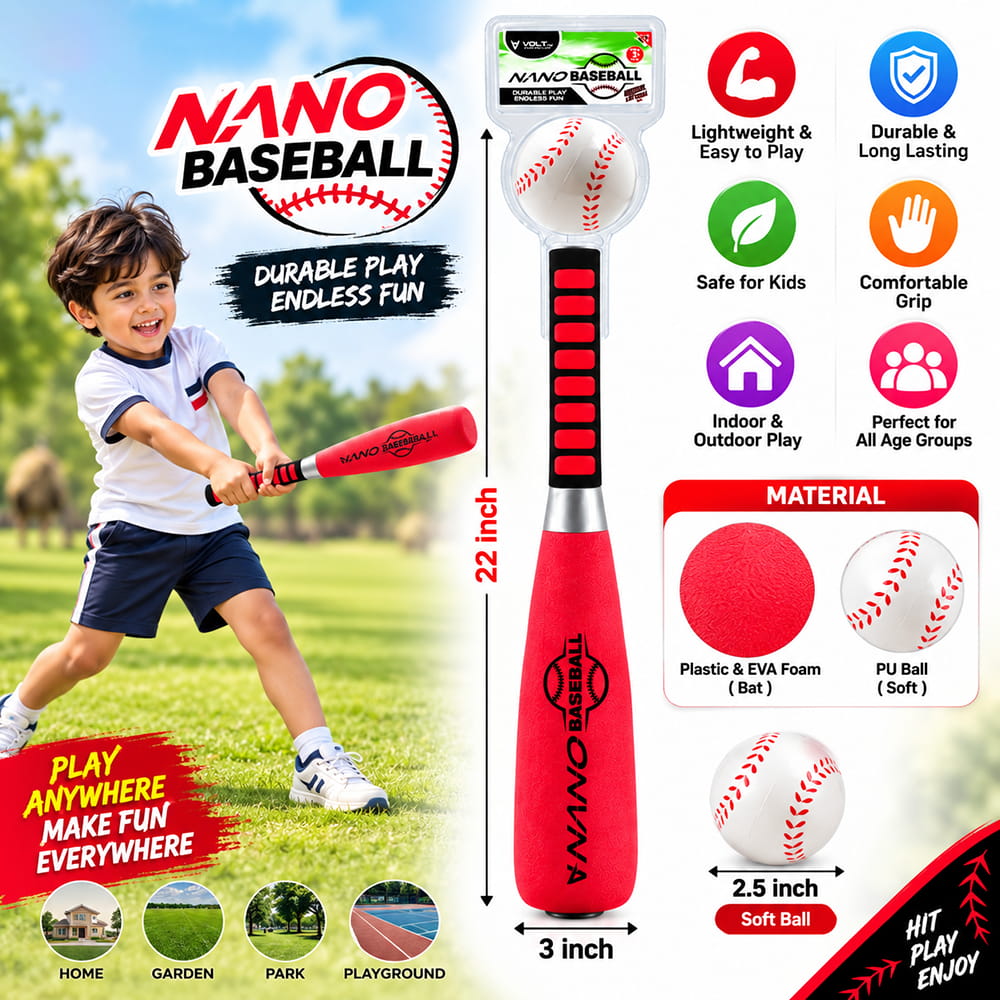 Volt Pro Nano Baseball Set includes a 22-inch bat and a 2.5-inch soft ball, designed for fun and active play. The comfortable grip and soft, safe material make it easy to handle for kids. Suitable for indoor and outdoor games, practice, and family fun.