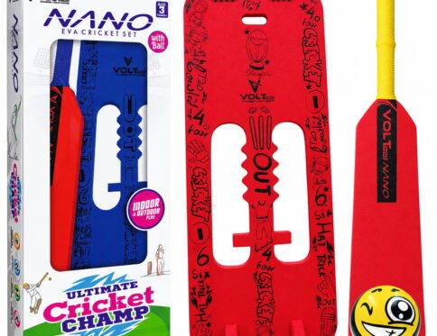 Volt Pro Nano Cricket Set is a compact cricket play set for kids, including 1 bat, 1 wicket, and 1 soft ball. Its lightweight and easy-to-handle design makes it suitable for fun indoor and outdoor cricket activities.