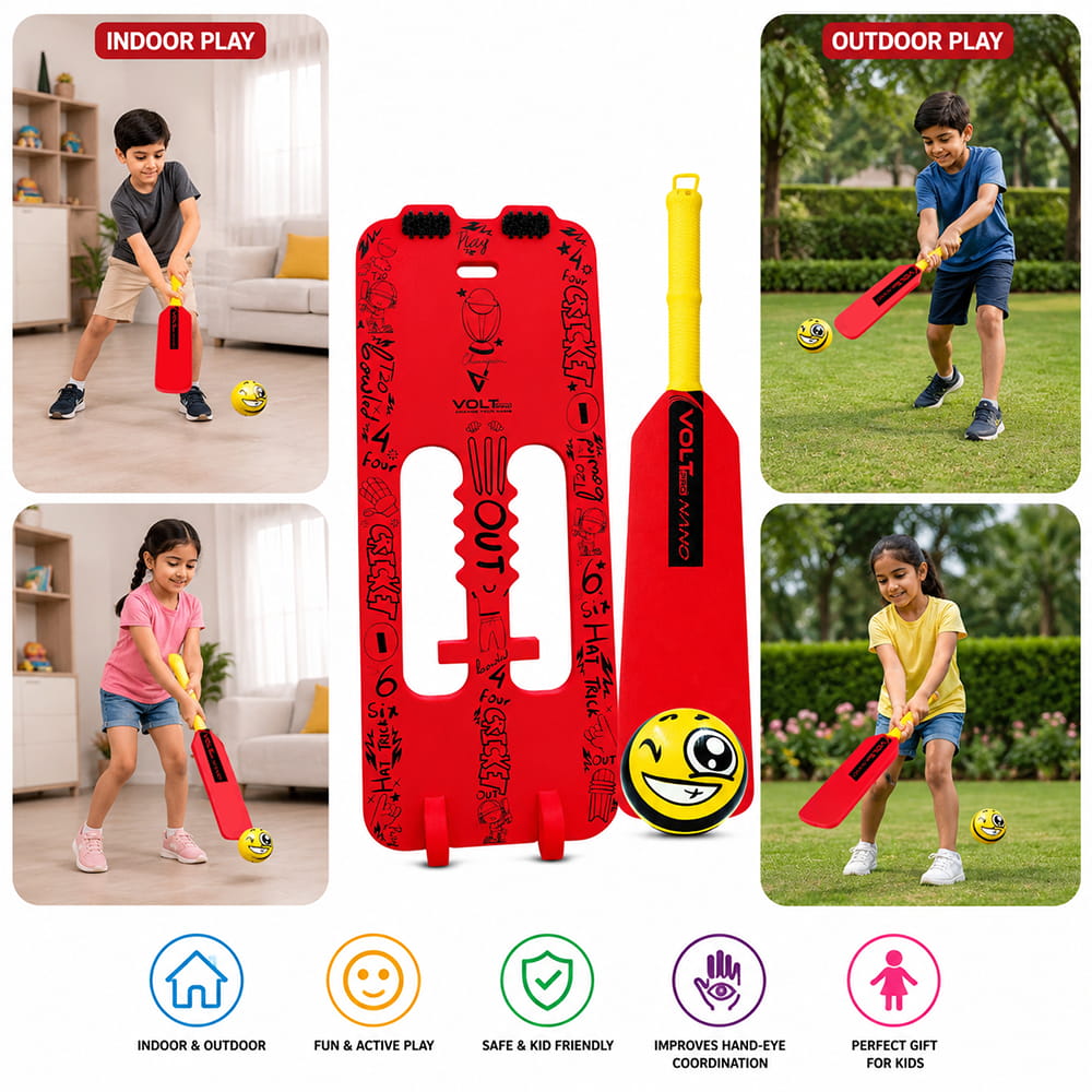 Volt Pro Nano Cricket Set is a compact cricket play set for kids, including 1 bat, 1 wicket, and 1 soft ball. Its lightweight and easy-to-handle design makes it suitable for fun indoor and outdoor cricket activities. Volt Pro Nano Cricket Set is a compact cricket play set for kids, including 1 bat, 1 wicket, and 1 soft ball. Its lightweight and easy-to-handle design makes it suitable for fun indoor and outdoor cricket activities.