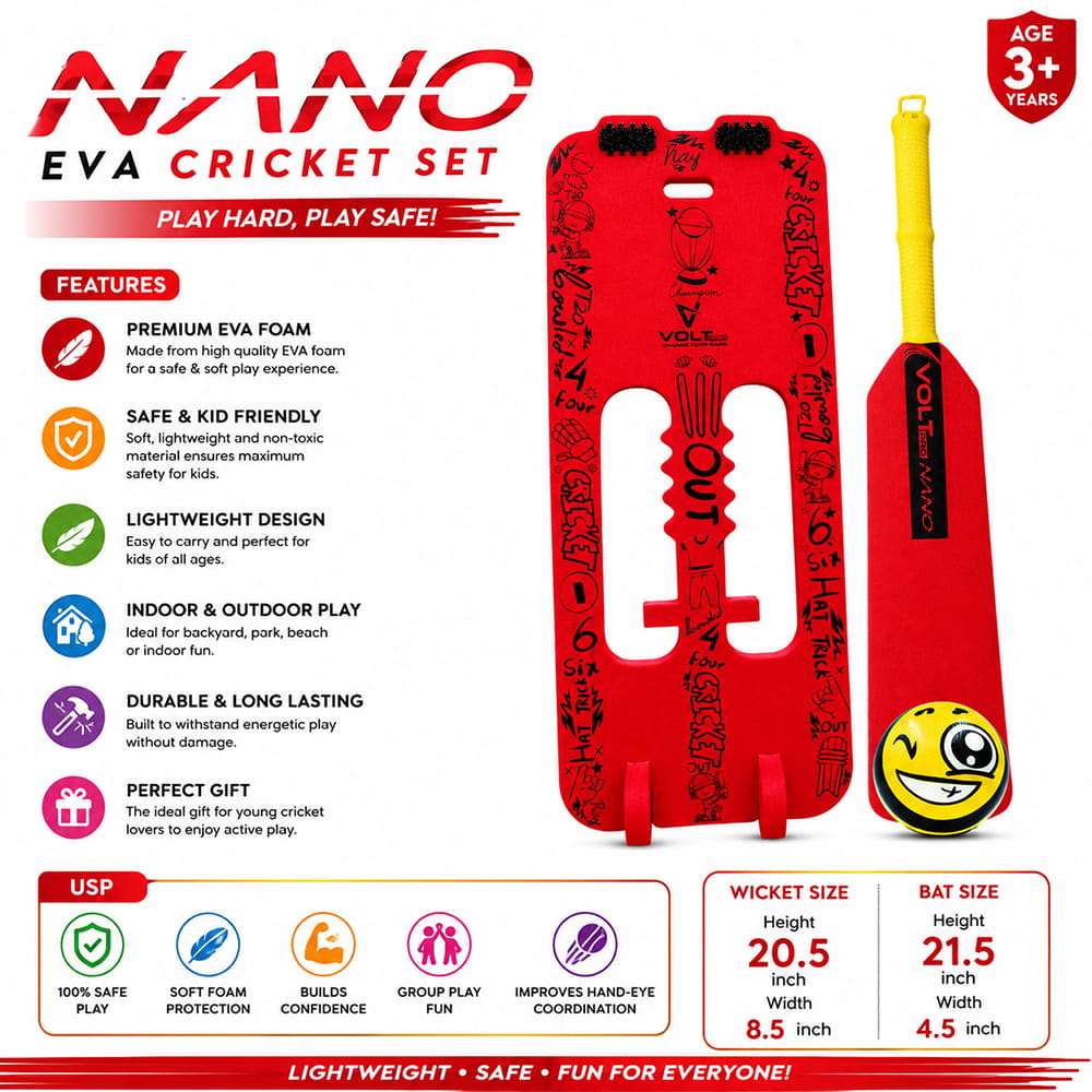 Volt Pro Nano Cricket Set is a compact cricket play set for kids, including 1 bat, 1 wicket, and 1 soft ball. Its lightweight and easy-to-handle design makes it suitable for fun indoor and outdoor cricket activities. Volt Pro Nano Cricket Set is a compact cricket play set for kids, including 1 bat, 1 wicket, and 1 soft ball. Its lightweight and easy-to-handle design makes it suitable for fun indoor and outdoor cricket activities.