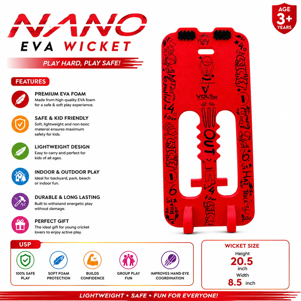 Volt Pro Nano Cricket Wicket is designed for kids' cricket practice and fun recreational games. Its compact and easy-to-handle design makes it suitable for batting, bowling, and target practice at home or outdoors.